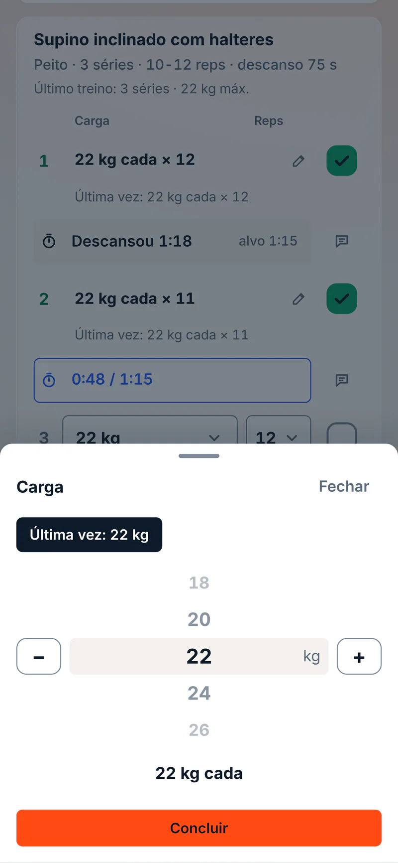 Seletor de carga no celular para a terceira série do supino inclinado: roleta de halteres de 2 em 2 kg parada em 22 kg, o atalho Última vez: 22 kg e o botão Concluir; atrás, as duas séries concluídas e o descanso de 1:18.