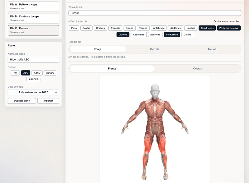 Editor do plano no computador, dia C, Pernas: corpo em 3D, de frente e de costas, com quadríceps, posterior de coxa, glúteos e panturrilha em destaque, a lista lateral dos cinco exercícios do dia e a lista de exercícios com séries, repetições, descanso e o botão Padronizar treino.